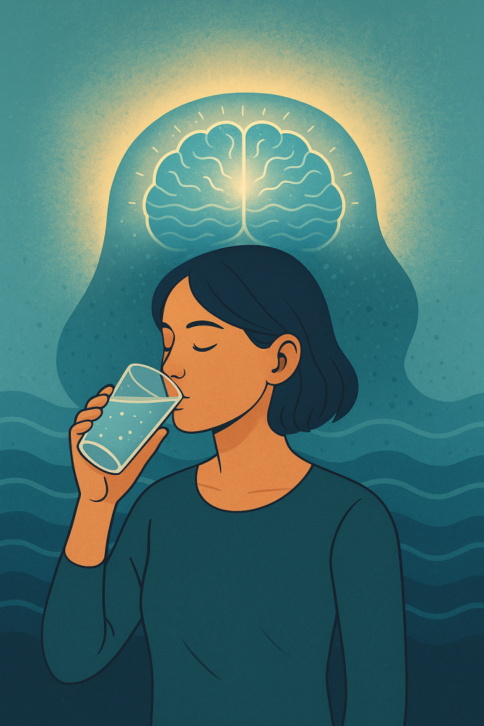 person drinking water and a brain symbol in the background looks illuminated