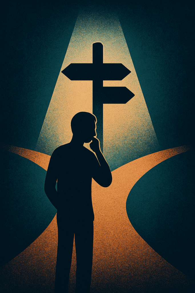 a silhouette of a person thinking at a crossroads 