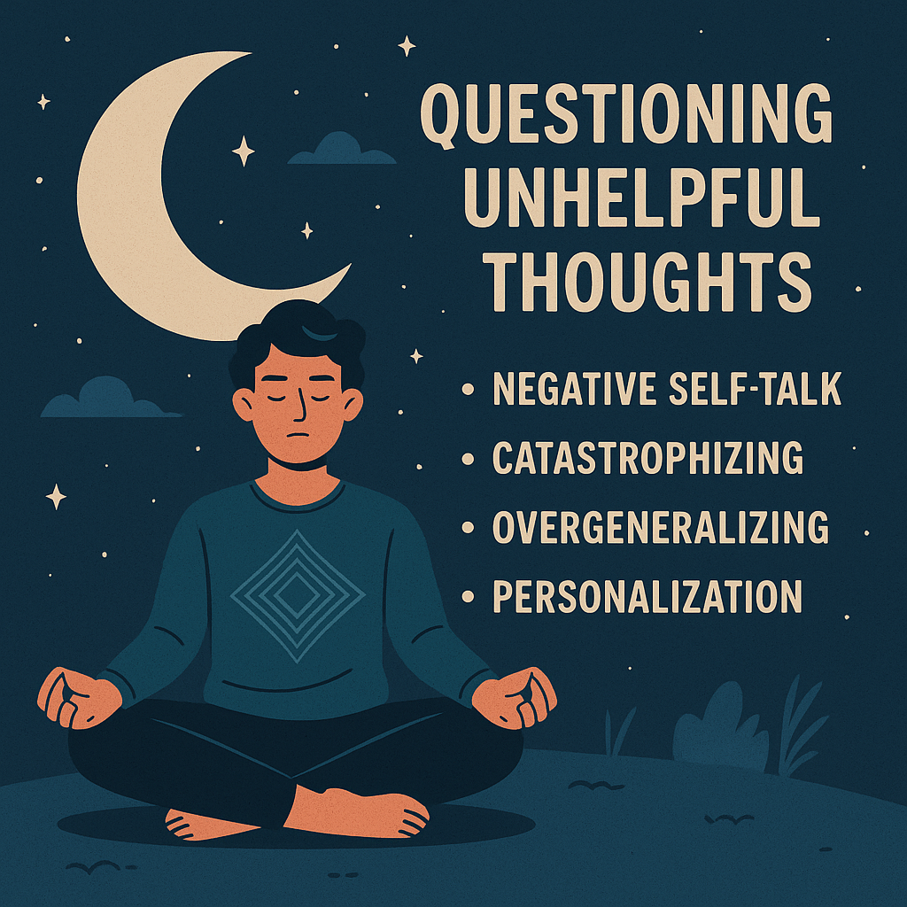 an infographic of the steps highlighted in this post. a person meditating in the image with a half moon in the night sky