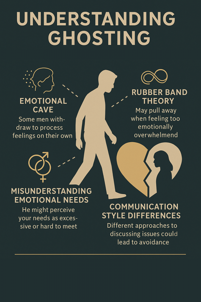 infographic of a beige silhouette of a man and some of the reasons why he may have ghosting are pointing towards the man in the middle