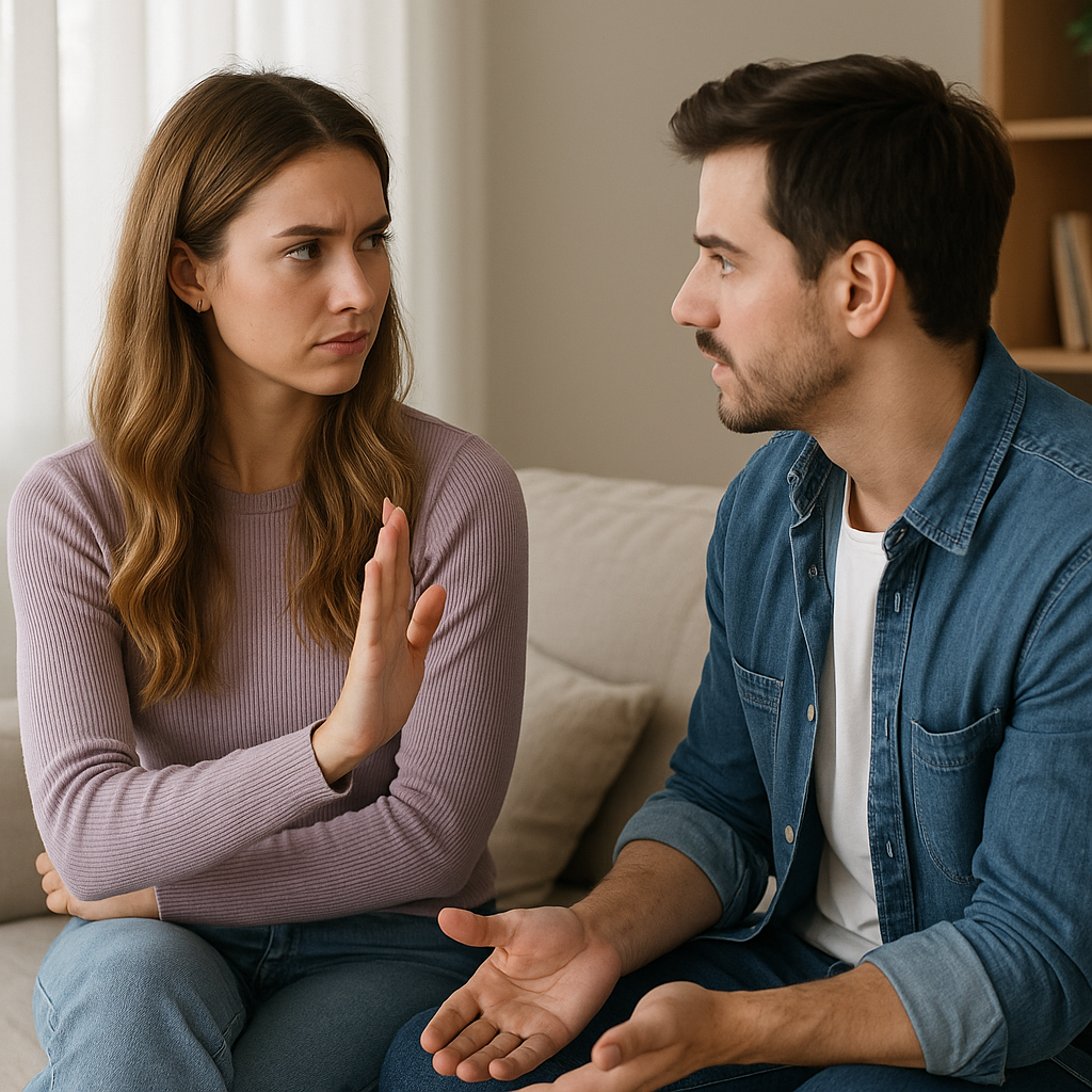 a couple discussing healthy boundaries in a relationship, sitting on a sofa