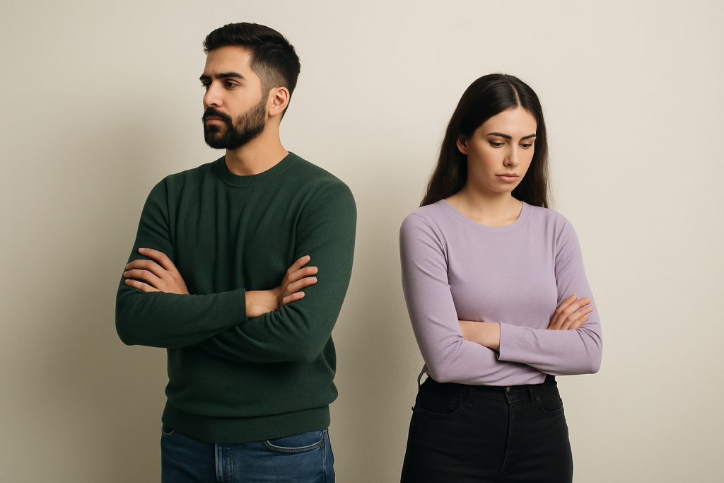 a couple facing away from each other with their arms crossed. having not set any healthy boundaries in their relationship