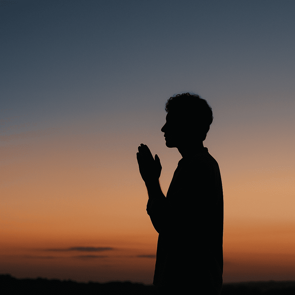 a silhouette of a person with hands clasped together while standing